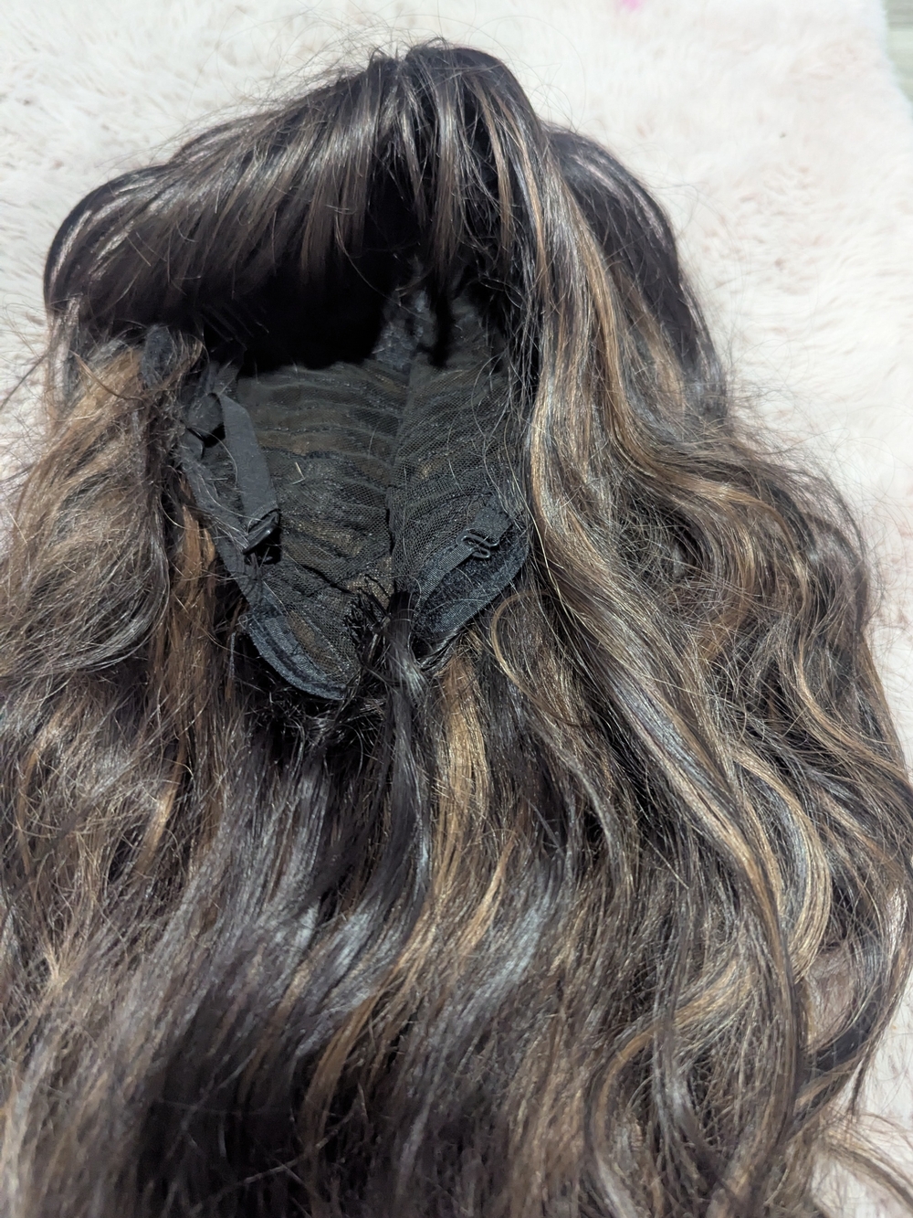 Dark Brown Wavy Clip-In Hairpiece with Blonde Highlights